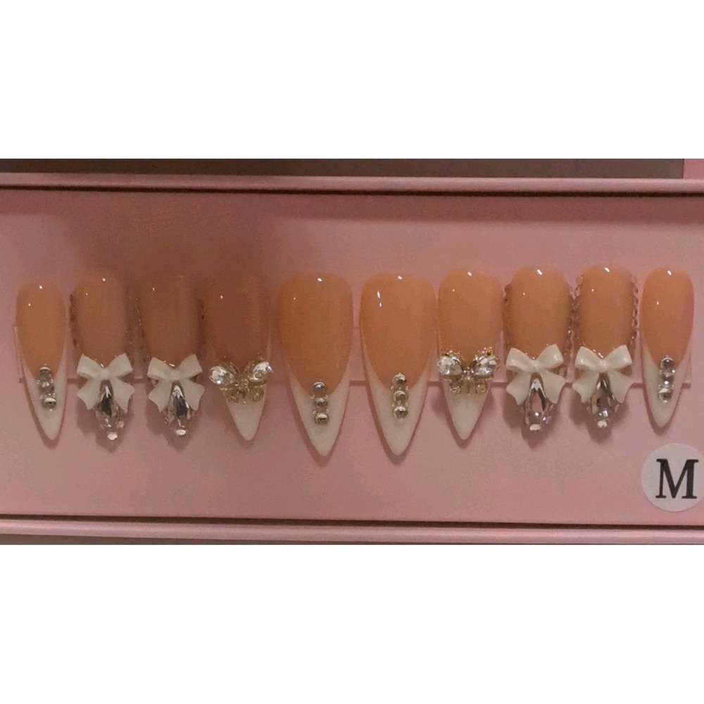 Handmade Stiletto Press On Nails Nude White French Tip Bow Rhinestone Bling
